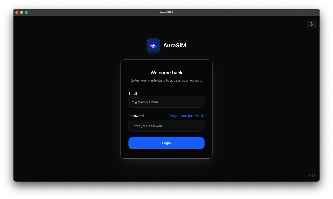 AuraSim Login Page